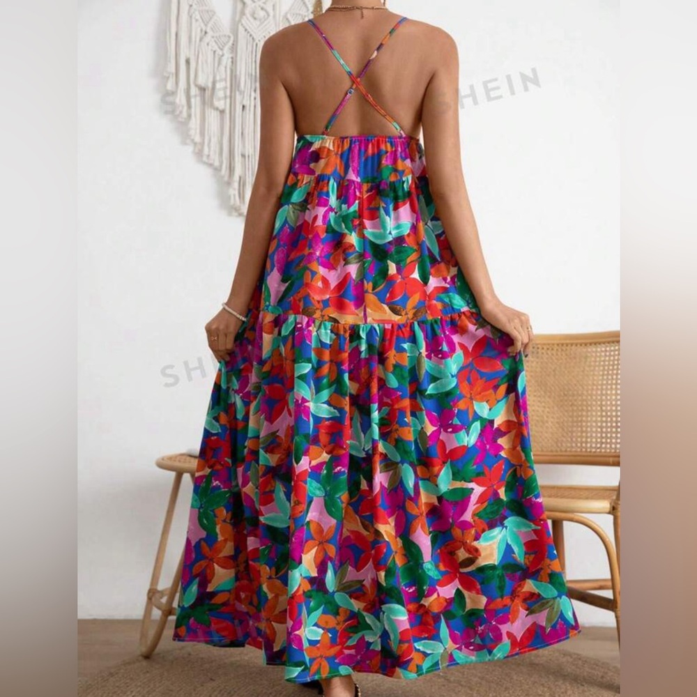 SHEIN Multicolor Tropical Print Maxi Dress - Green, Purple, Orange, Pink, Blue - Picture 3 of 6
